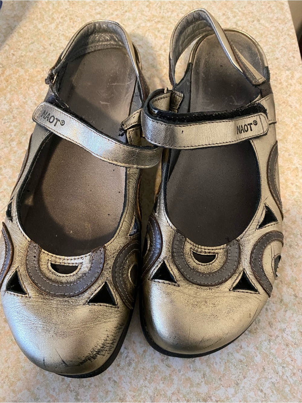 Naot Metallic Silver and Brown Leather Mary Jane Sandals